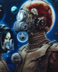 skinny old people wearing gas masks in a space apocalypse, surreal