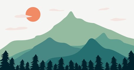 illustration of a natural background of green gradient mountains and red sun