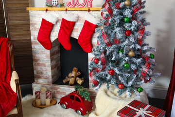 Christmas Living room set up by the fireplace