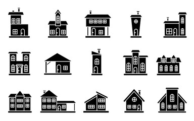 Houses exterior front view flat icon set. Residential townhouse building apartment. Home facade with doors and windows. Various shape urban suburban town house cottage black silhouette on white