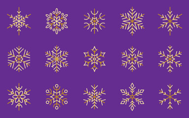 Snowflake gold xmas outline icon set. Christmas frosty beautiful ornament. Holiday decoration linear symbol. Frost december element sign. Winter time geometric snow flakes crystal flat pictogram