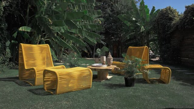 Atmospheric place with yellow chaise lounges