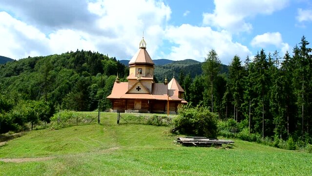 Orthodox wooden church, Ukraine. Shooting in the Carpathians