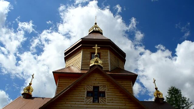 Shooting in the Carpathians. Orthodox wooden church,