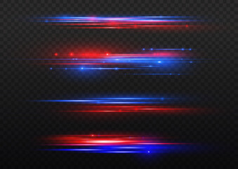 Beautiful glow light flare and spark. Red blue special effect, speed police line. Magic of moving fast lines. Laser beams, horizontal light rays. Particle motion effect. Vector illustration. - obrazy, fototapety, plakaty