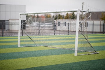 a small green soccer field and a white gate