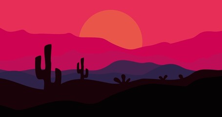 Fototapeta na wymiar illustration of sunset nature mountains and cactus gradation background