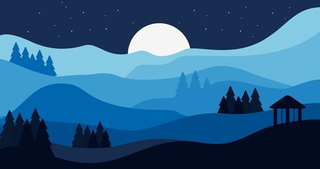 Obraz premium blue gradient mountains and trees wave background illustration