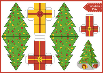 Template paper craft of christmas tree and gifts. Cut and glue activity worksheet. Kids education game.  - obrazy, fototapety, plakaty