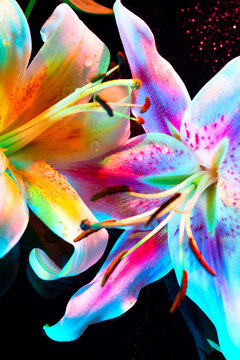 Blooming lilies flowers with multicolored neon leaves