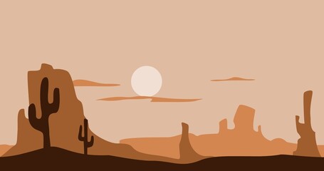illustration of natural background of rocky mountains and cactus on a barren plain