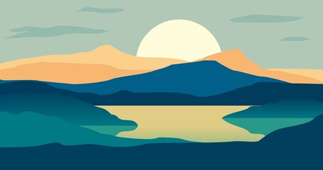 illustration of natural background of purple and green gradient mountains and lakes