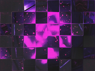 Glitched dark squares painted with neon purple color.