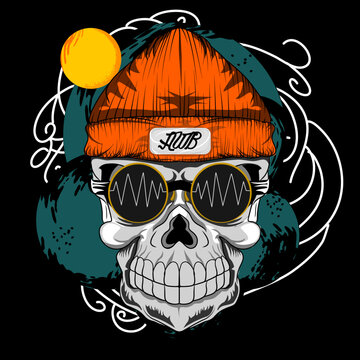 skull and crossbones using beani hat and background cloud circle darkness, smoke line and Little sun on the side
