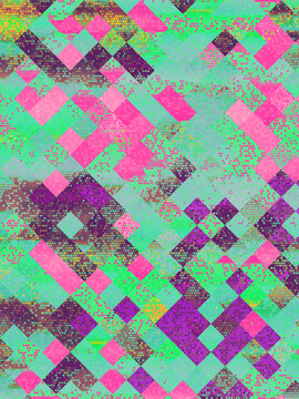 Vivid pixelated glitch with green, purple and pink colored background