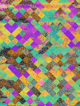 Colorful geometric glitch background with Earth-ish tones.