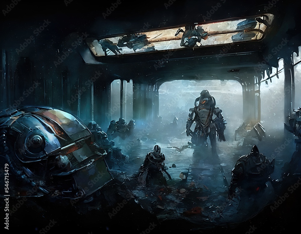 Wall mural space marines exploring a distance alien planet generated ai