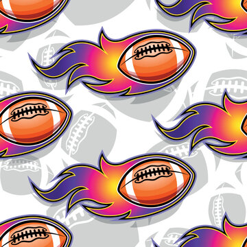 Rugby balls and fire flame seamless pattern vector art image. Flaming american football balls continuous background wallpaper texture.