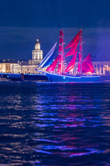 A ship with scarlet sails. Floats along the Neva River in the city of St. Petersburg. A celebration dedicated to school graduates.
