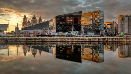 Royal Albert Dock, the Liverpool landmark, image captured at sunset in the city center downtown docklands