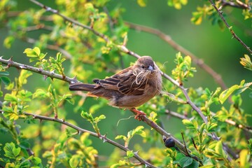 Spring fauna and flora. Common sparrow on tree branches.