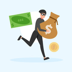 Cute flat illustration cartoon of thief hacker stealing data money for web sticker icon mascot logo