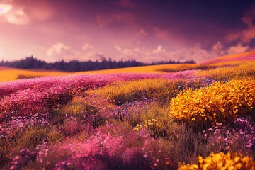 Tuinposter Beautiful field full of flowers in the summer © LeopoldMasterson