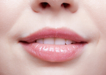 Human mouth and nose. Closeup macro portrait of female part of face. Woman lips with day beauty makeup.
