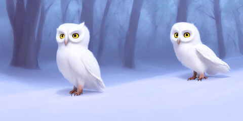 Snow Owl in Snowy Forest Scene Winter 