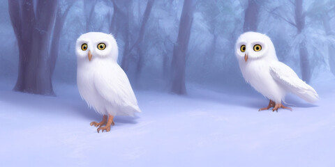 Obraz premium Snow Owl in Snowy Forest Scene Winter 