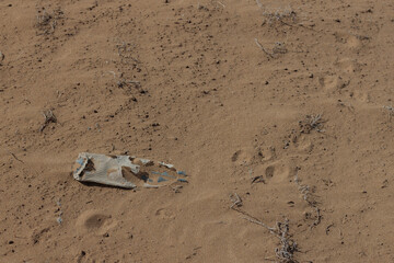 Old Plastic bottle is on the beach leave by tourist. The problem of microplastics in the environment.