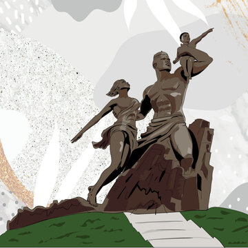African renaissance monument in Dakar, senegal - Tallest statue in Africa - Images of a family in a park near the coast
