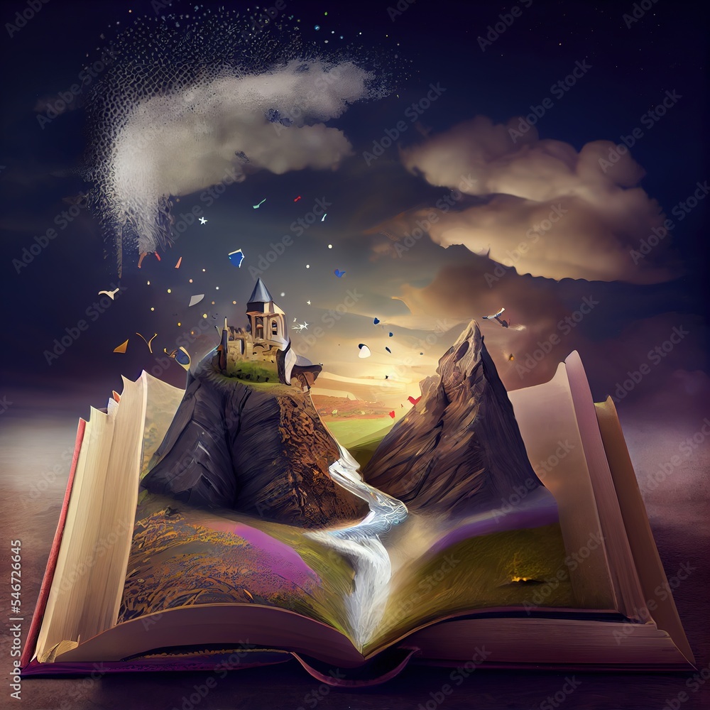 Poster magical world expanding out from an open book, discover the joys of reading