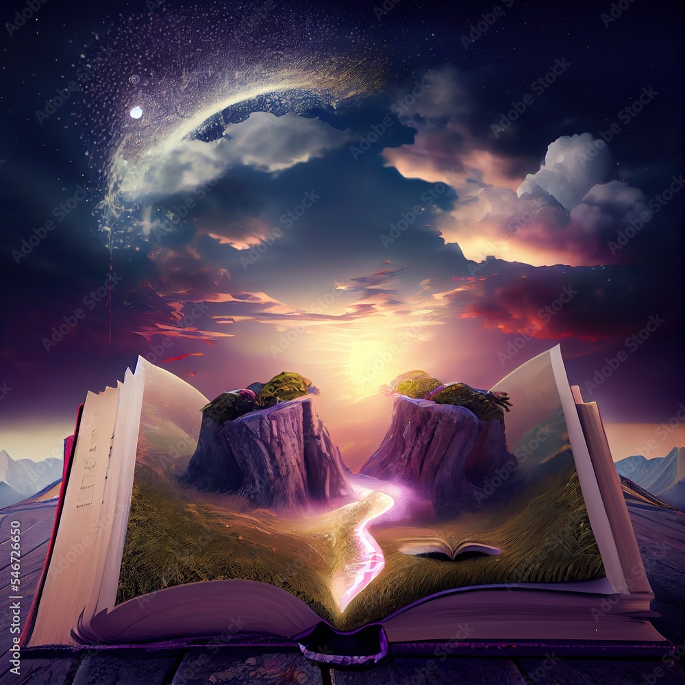 Wall mural magical world expanding out from an open book, discover the joys of reading