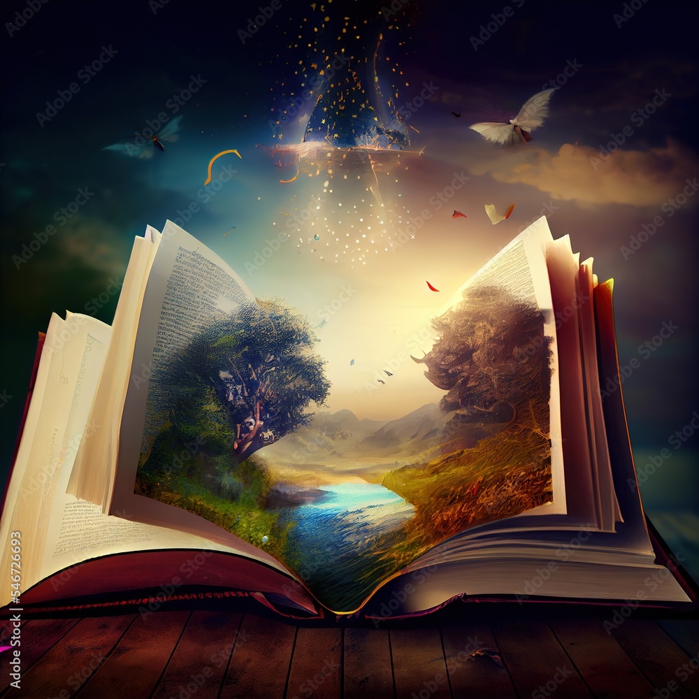 Sticker magical world expanding out from an open book, discover the joys of reading