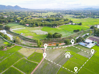 Land plot for building house aerial view, land field with pins, pin location for housing subdivision residential development owned sale rent buy or investment home or house expand the city suburb - 546726830
