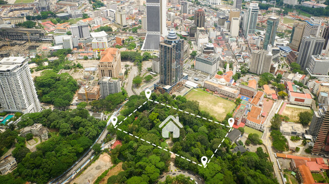 Land plot for building house aerial view, land field with pins, pin location for housing subdivision residential development owned sale rent buy or investment home or house expand the city building