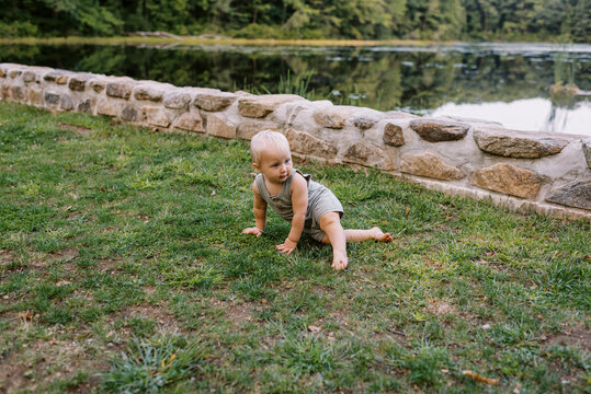 Little Infant Boy Crawling Outdoors In Summer