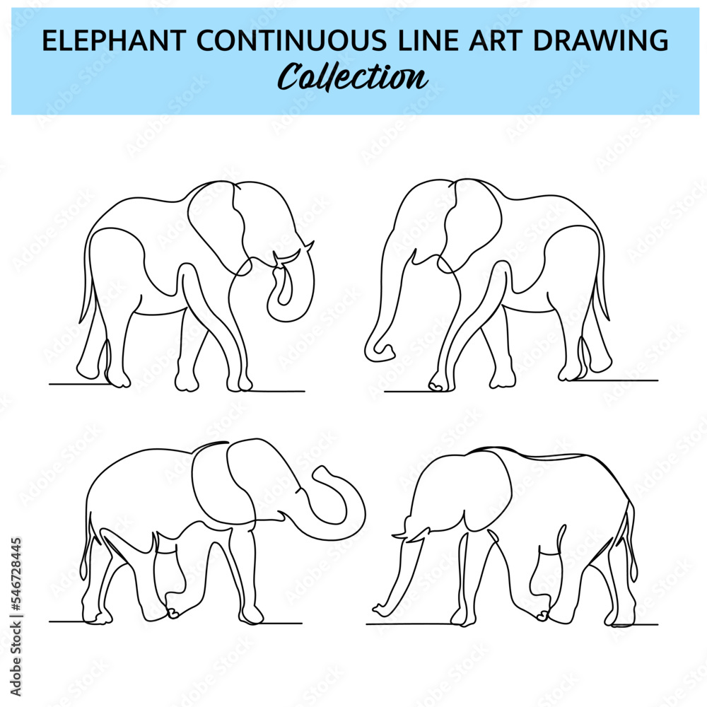 Poster set of elephant line design. wildlife decorative elements drawn with one continuous line. vector ill