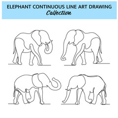 Set of elephant line design. Wildlife decorative elements drawn with one continuous line. Vector illustration of minimalist style on white background.