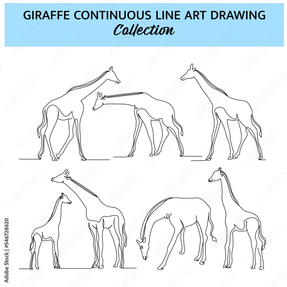 Poster set of giraffe line design. wildlife decorative elements drawn with one continuous line. vector illu