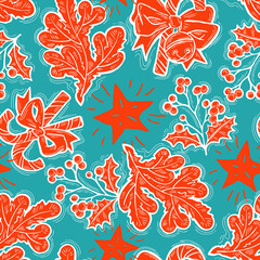 Christmas and New Year seamless pattern for wrapping paper, fabric print, textile design, decorative elements. Pine tree with xmas decoration. Hand drawn illustration. Cartoon style drawing.