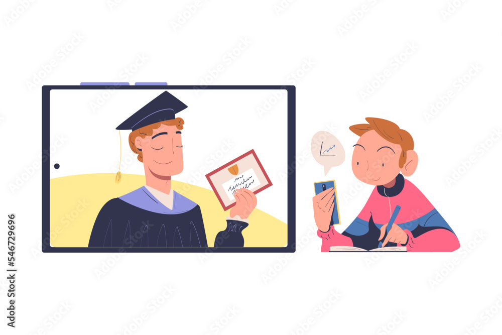Aufkleber online education and e-learning with man watching professor on computer screen giving lesson on web 