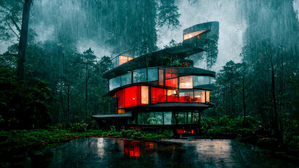 A Fantastic House in the Forest at Night with Rain
