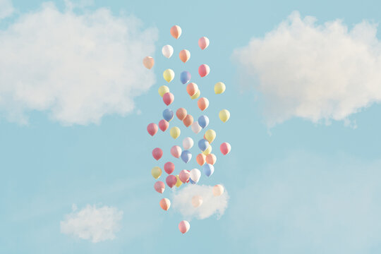 Fototapeta Colorful balloons floating in the sky with white clouds. 3D render.