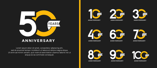 set of anniversary logo style white and yellow color and ribbon for celebration