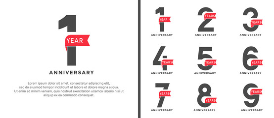 set of anniversary logotype style red and black color with red ribbon for celebration