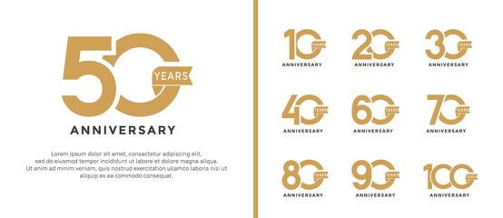 set of anniversary logo style flat golden color and ribbon for celebration - obrazy, fototapety, plakaty