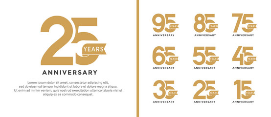 set of anniversary logo style flat golden color and ribbon for celebration - obrazy, fototapety, plakaty