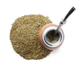 Calabash with mate tea and bombilla on white background, top view
